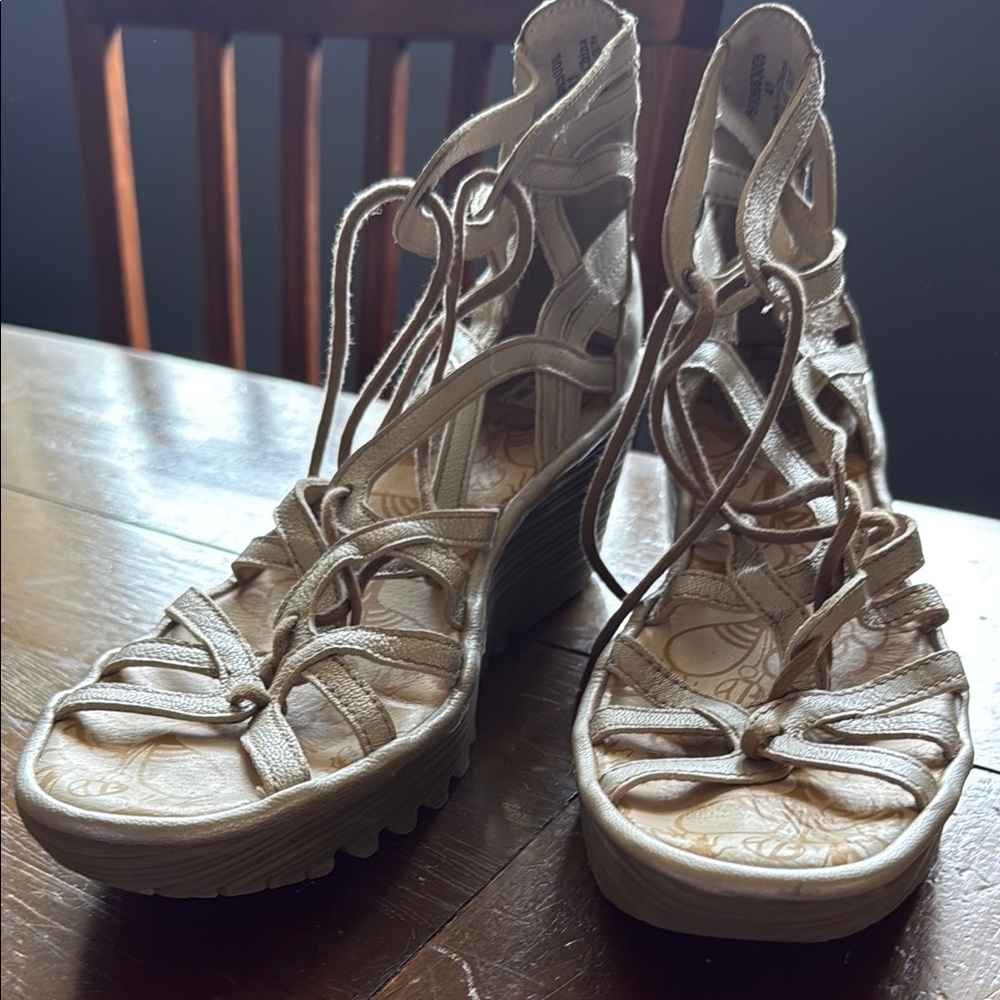 Fly London Yuke Metallic Leather Gladiator Wedge Sandals Shoes 41